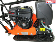 Close-up side view of an orange plate compactor showing the petrol engine, black water tank, hose, base plate, bolts, labels, and logo in the top corner.