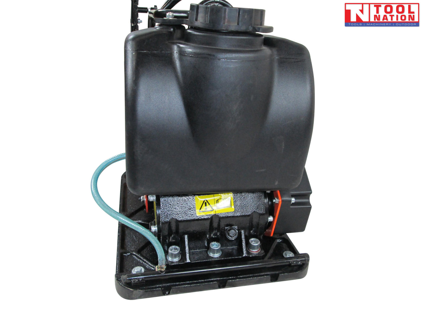 Rear view of an orange plate compactor showing the black water tank, hose, base plate, bolts, and warning label.