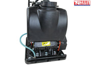 Rear view of an orange plate compactor showing the black water tank, hose, base plate, bolts, and warning label.