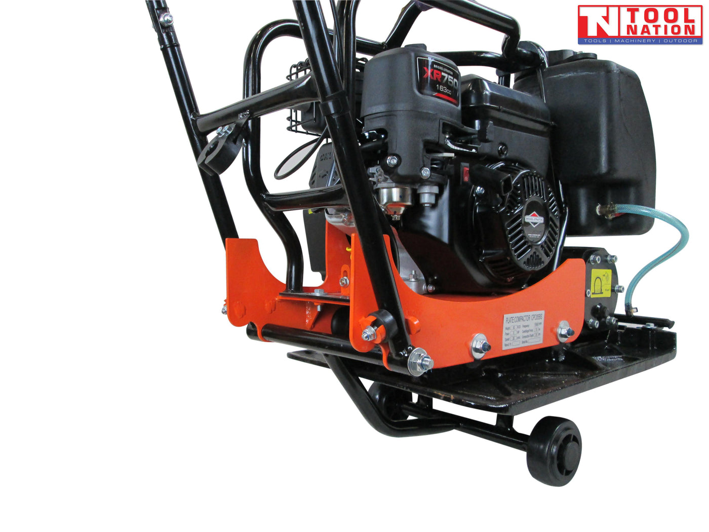 Rear angled view of an orange plate compactor with petrol engine, black water tank, handle frame, wheel kit, base plate, and logo in the top corner.
