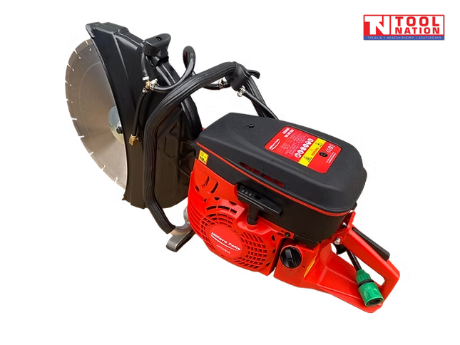 Red and black power cutter shown from above with a circular cutting blade, blade guard, loop handle and green fitting visible.