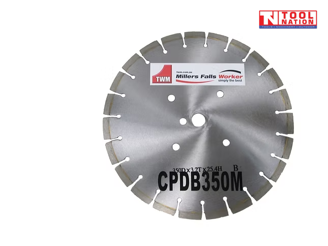 Silver segmented diamond cutting blade with centre holes, printed labels, and logo in the top corner.