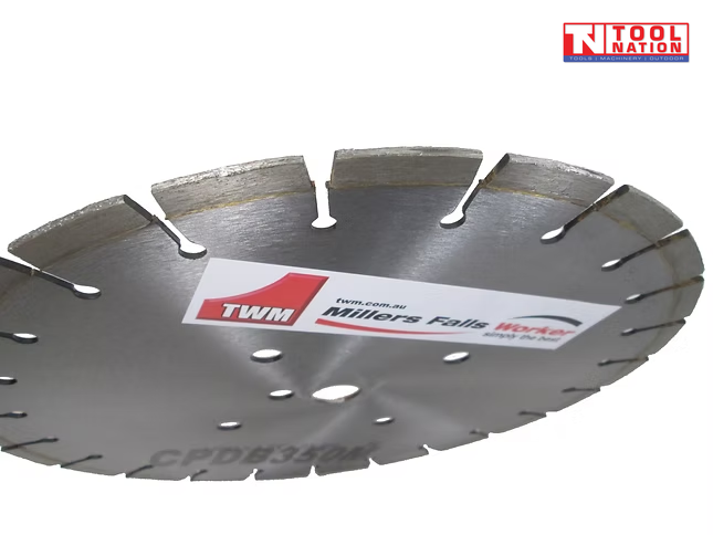 Close-up angled view of a silver segmented diamond cutting blade with printed label and logo in the top corner.