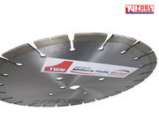 Close-up angled view of a silver segmented diamond cutting blade with printed label and logo in the top corner.