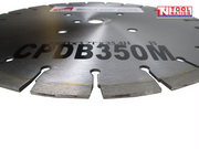 Close-up of a silver segmented diamond cutting blade showing printed model text, centre holes, and logo in the top corner.