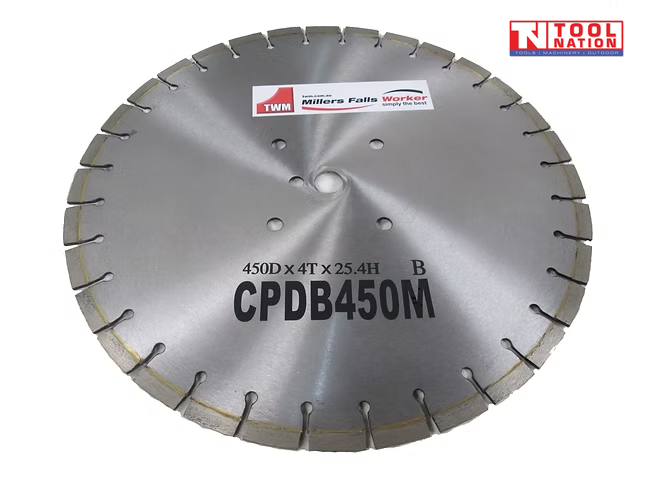 Silver segmented diamond cutting blade with centre holes, printed labels, and logo in the top corner.