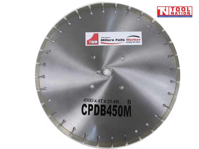 Front view of a silver segmented diamond cutting blade with centre holes, printed labels, and logo in the top corner.