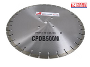 Silver segmented diamond cutting blade with centre holes, printed labels, and logo in the top corner.