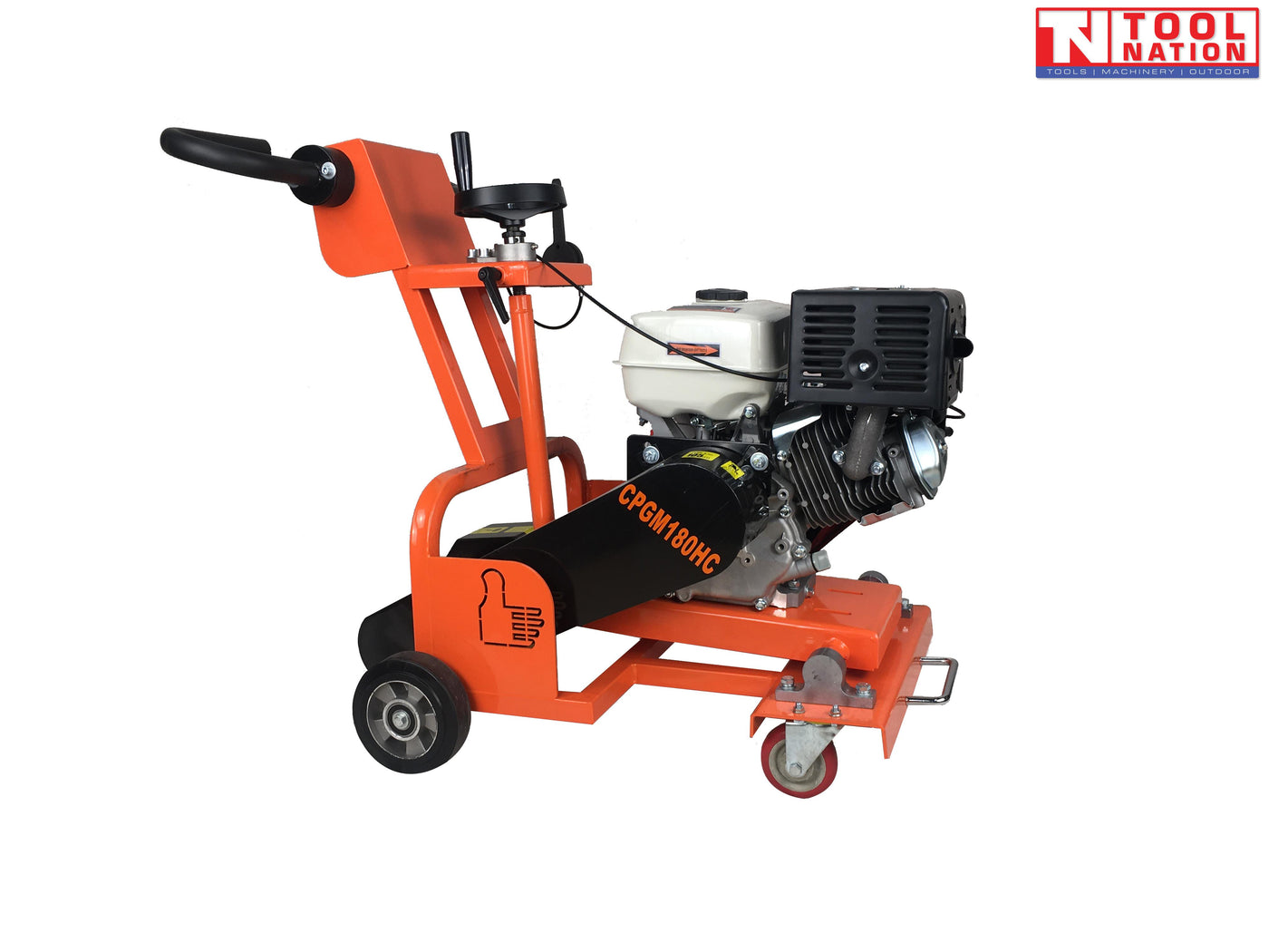 Orange concrete grooving machine with petrol engine, black handle, wheels, front caster, cutting guard, labels, and logo in the top corner.