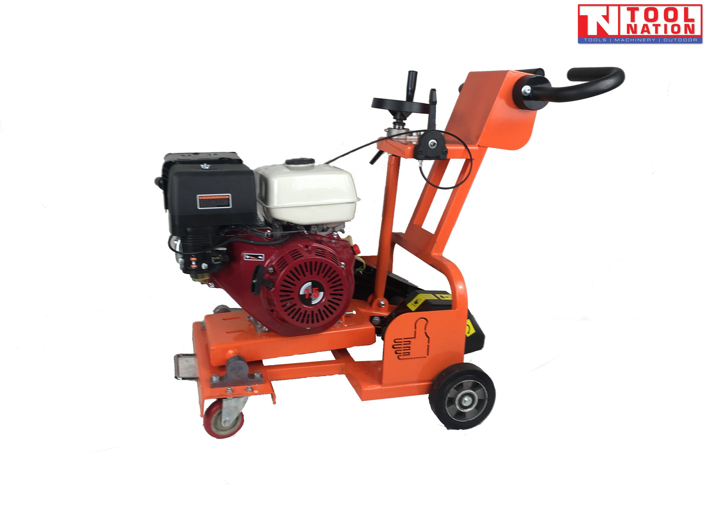 Side view of an orange concrete grooving machine with petrol engine, black handle, wheels, front caster, cutting guard, and logo in the top corner.