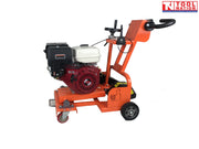 Side view of an orange concrete grooving machine with petrol engine, black handle, wheels, front caster, cutting guard, and logo in the top corner.