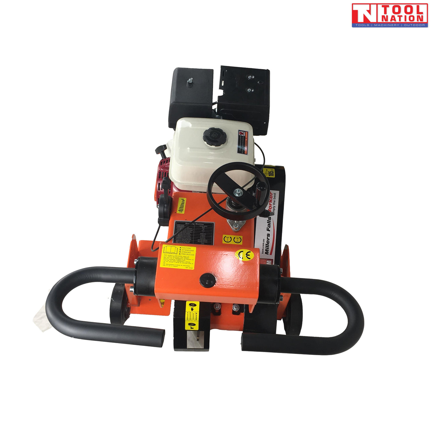 Top view of an orange concrete grooving machine with petrol engine, black handle, adjustment wheel, cables, labels, and logo in the top corner.