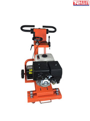 Rear view of an orange concrete grooving machine with petrol engine, black handle, adjustment wheel, front caster, and logo in the top corner.