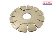 Silver segmented diamond cutting blade with centre hole, directional arrow, printed size text, and logo in the top corner.