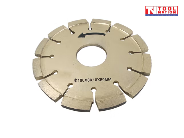 Silver segmented diamond cutting blade with centre hole, directional arrow, printed size text, and logo in the top corner.