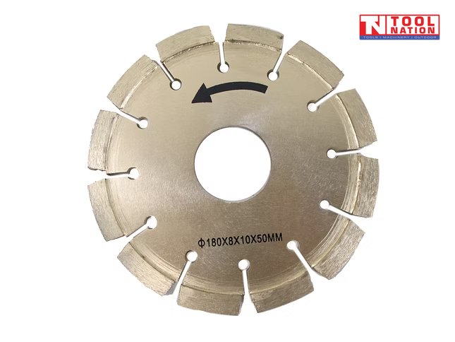 Front view of a silver segmented diamond cutting blade with centre hole, directional arrow, printed size text, and logo in the top corner.