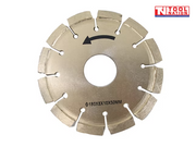 Front view of a silver segmented diamond cutting blade with centre hole, directional arrow, printed size text, and logo in the top corner.