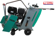 Rear angled view of a teal and grey floor saw with petrol engine, wheels, handle, water tank, and visible model text.