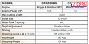 Specification chart for CPQ520BS floor saw models.