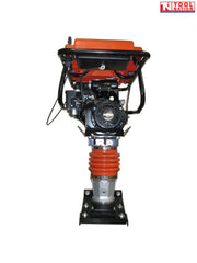 Front view of an orange tamping rammer with petrol engine, black frame, orange bellows, black base plate, and logo in the top corner.