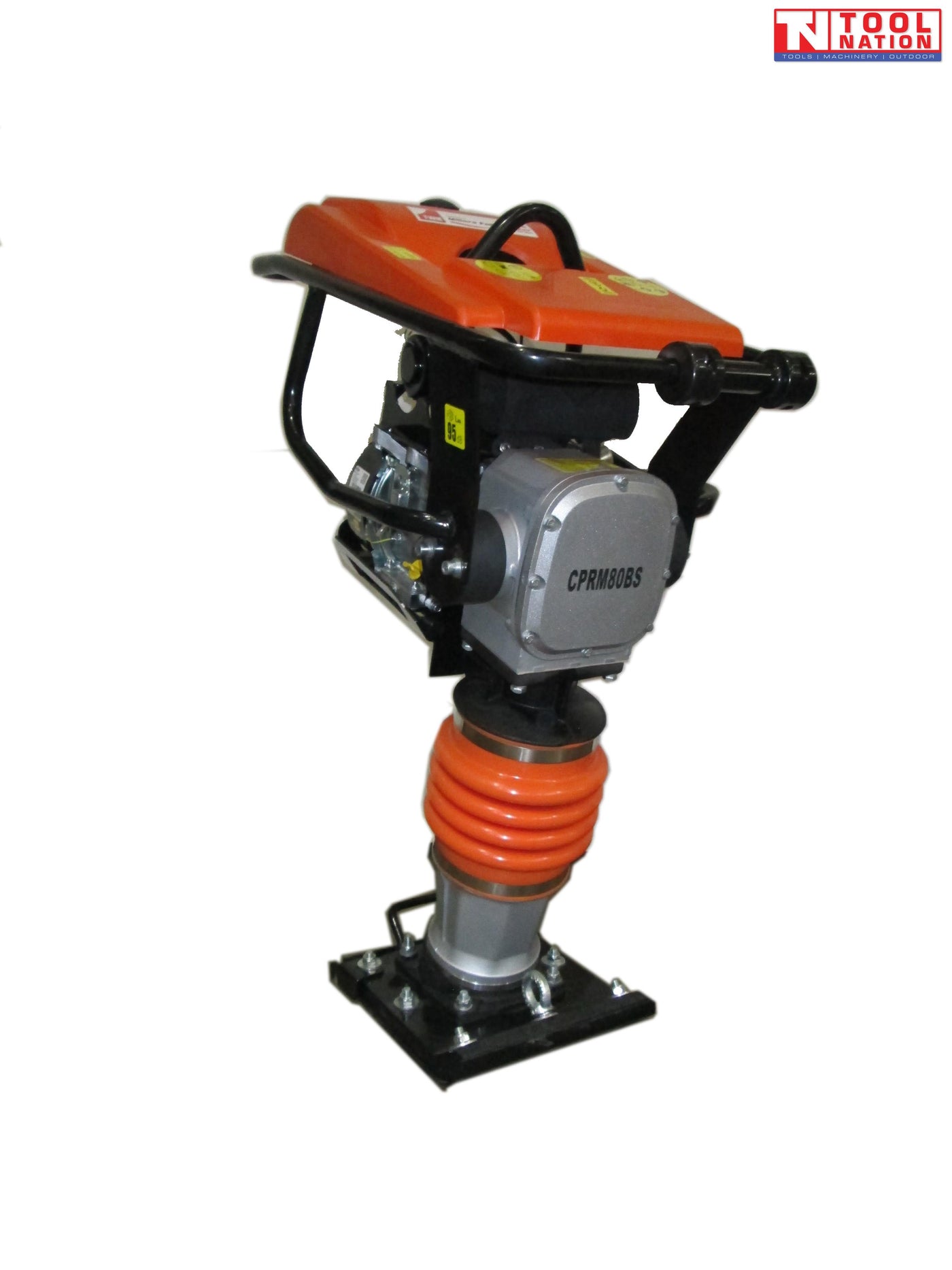 Orange tamping rammer with petrol engine, black frame, orange bellows, black base plate, warning labels, and logo in the top corner.