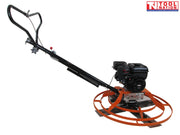 Orange power trowel with black handle, petrol engine, circular guard ring, metal blades, and logo in the top corner.