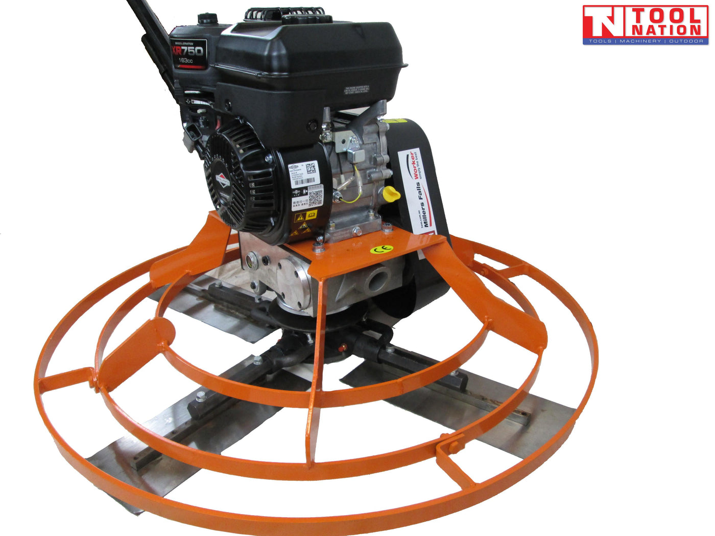Close-up angled view of an orange power trowel showing the petrol engine, circular guard ring, metal blades, and logo in the top corner.