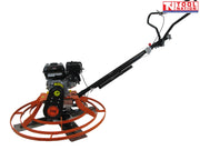 Side view of an orange power trowel with black handle, petrol engine, circular guard ring, metal blades, and logo in the top corner.