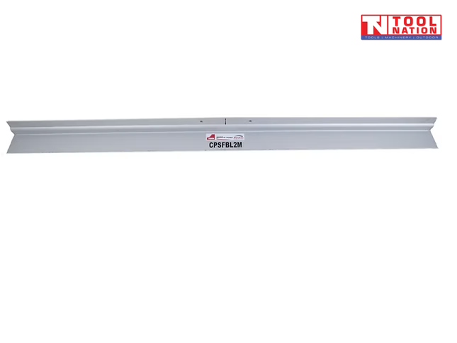 Long silver screed blade with central product label and logo in the top corner.