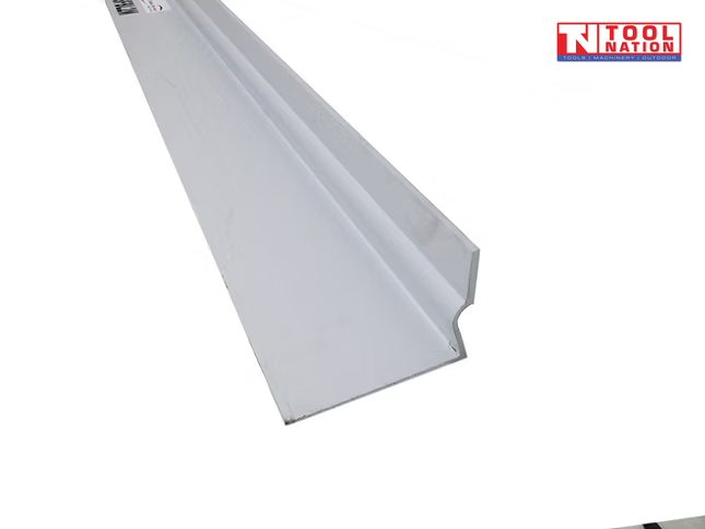 Angled close-up of a long silver screed blade with raised centre channel and logo in the top corner.