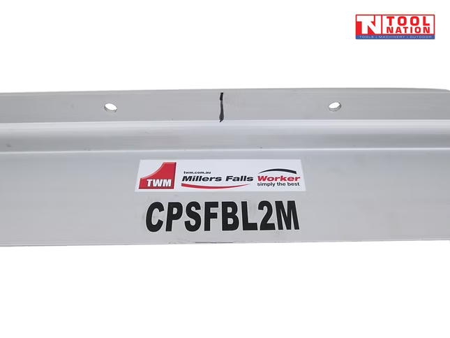 Close-up of a silver screed blade showing mounting holes, centre notch, product label, and logo in the top corner.