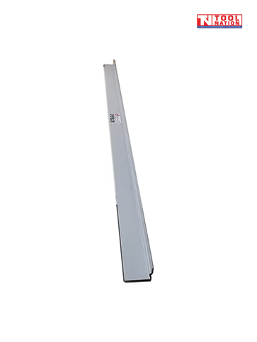 End view of a long silver screed blade with raised centre channel and logo in the top corner.