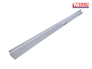 Angled view of a long silver screed blade with raised centre channel, product label, and logo in the top corner.