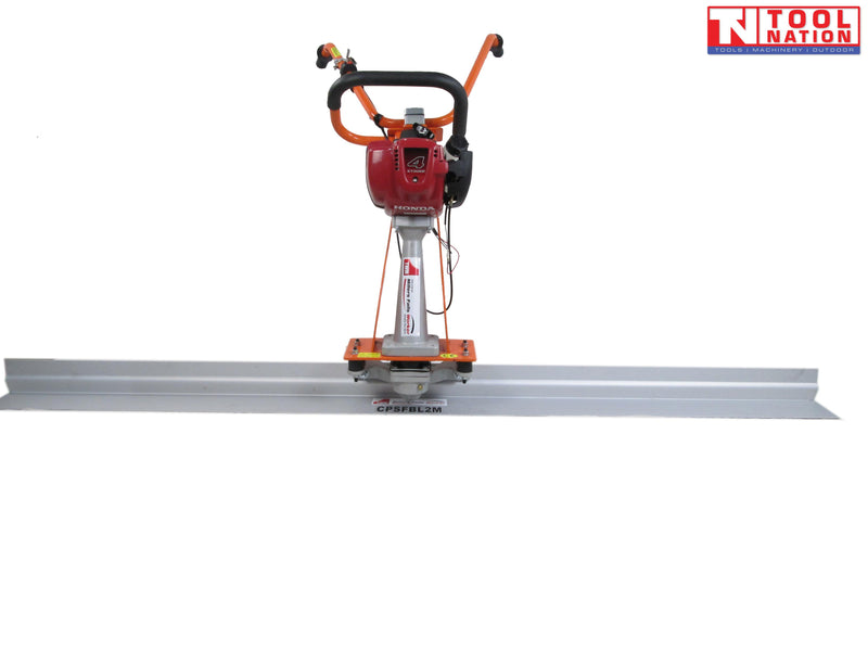 Concrete screed with red petrol engine, orange handle frame, long silver blade, black grips, labels, and logo in the top corner.