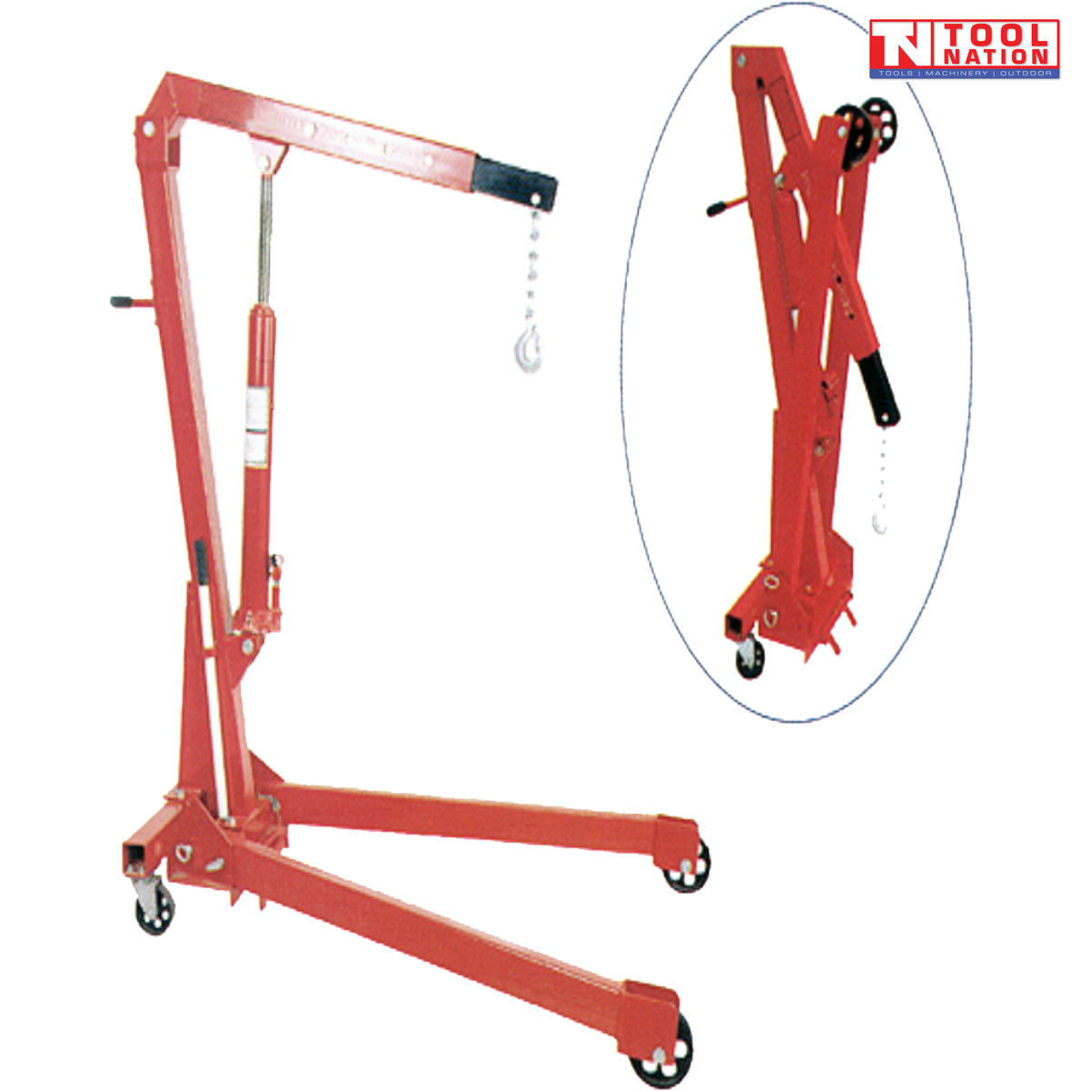 CR1TF folding hydraulic engine hoist crane, compact 1000kg 1 ton portable workshop lifting equipment with wheels