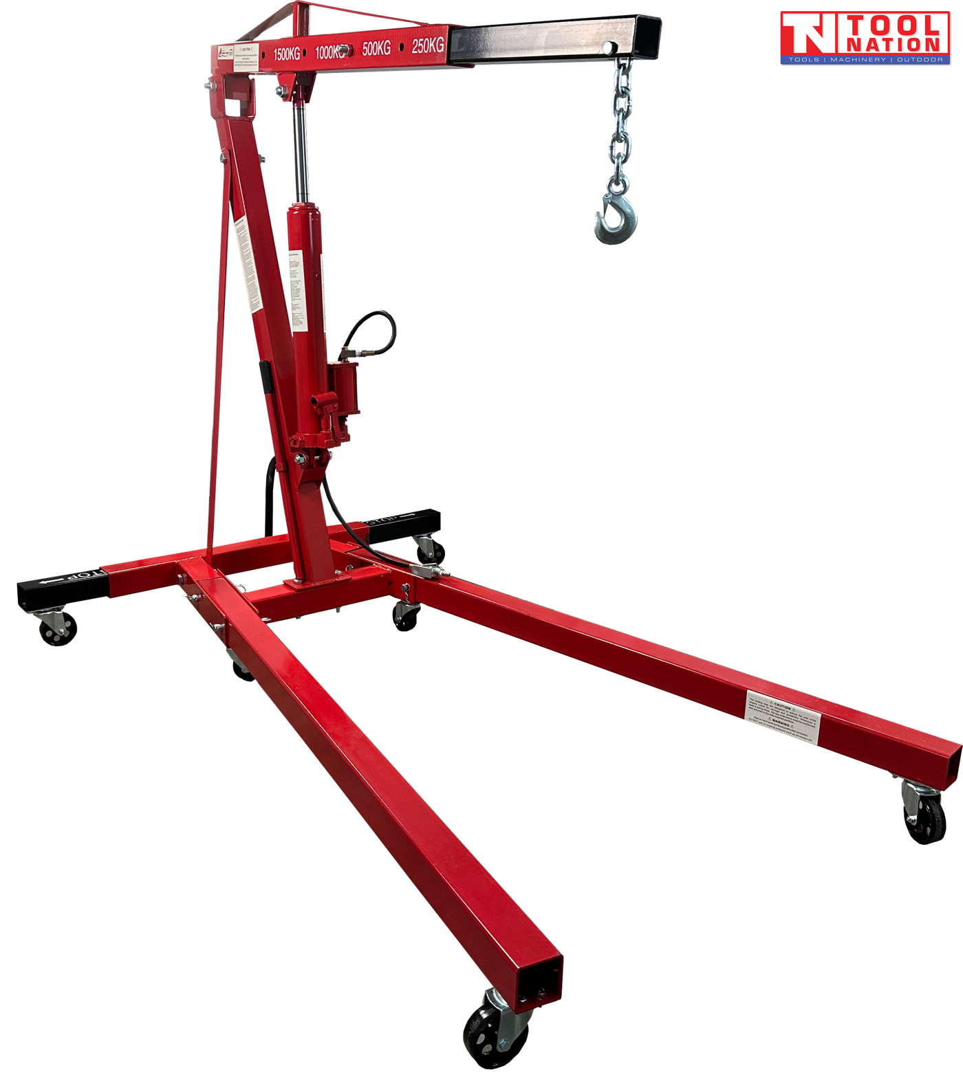 CR2TFAIR air hydraulic engine crane pump and ram detail with air hose, heavy-duty lifting system for workshop use