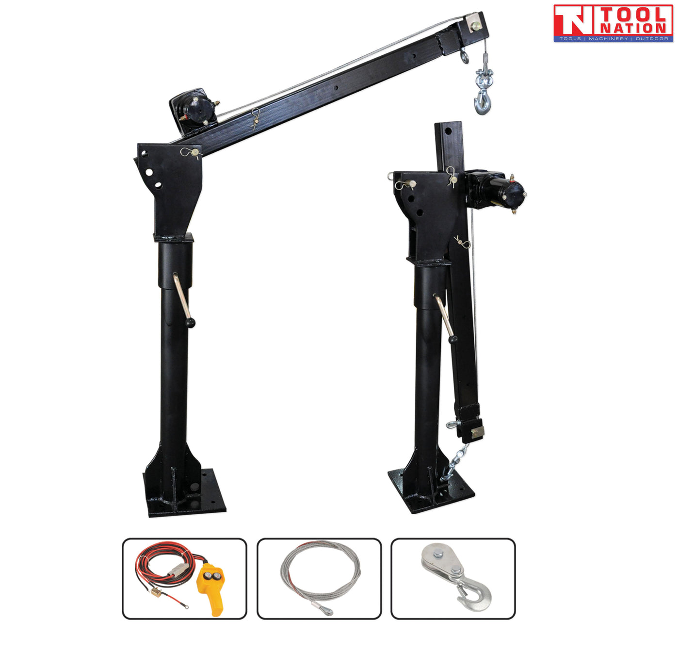 CR500EL swivel crane for truck or ute with 12V electric winch, telescoping boom, hook and control accessories