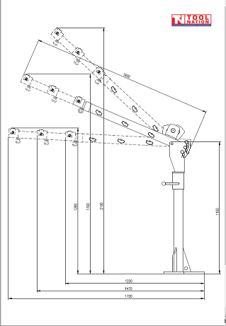 CR500EL swivel crane technical diagram with dimensions, telescoping boom and lifting range for truck or ute mounting