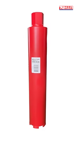 Red diamond core drill bit with a side label, top connector, segmented metal cutting teeth, and logo in the top corner.