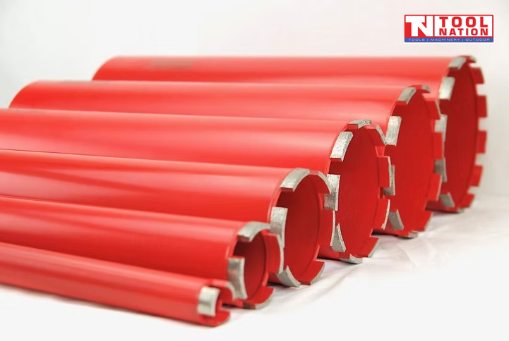 Red diamond core drill bits with segmented metal cutting teeth and logo in the top corner.