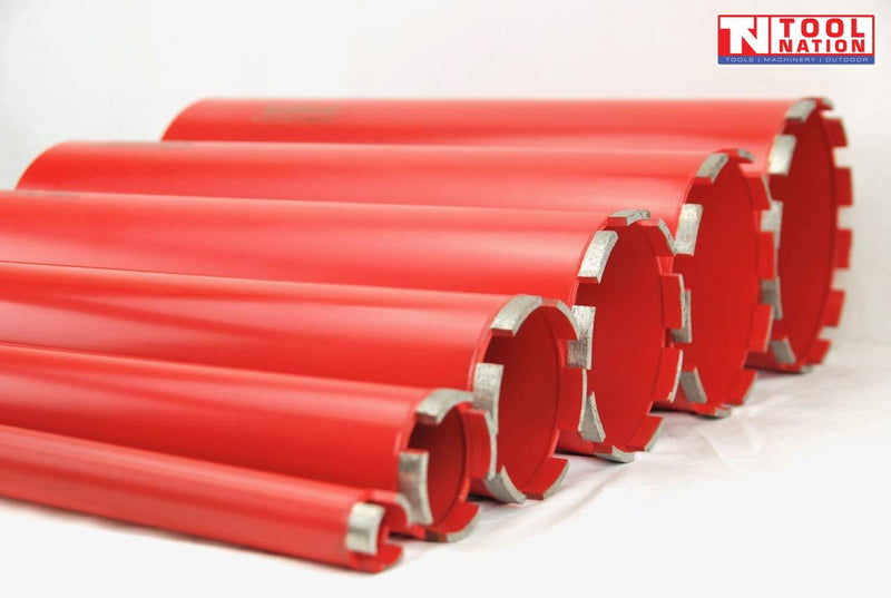 Red diamond core drill bits with segmented metal cutting teeth and logo in the top corner.