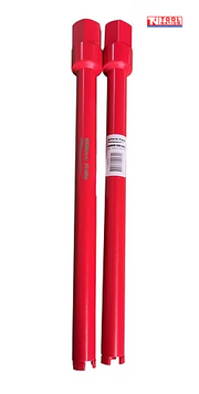 Red diamond core drill bit with a side label, top connector, segmented metal cutting teeth, and logo in the top corner.