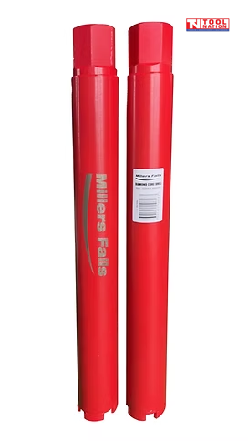 Red diamond core drill bit with a side label, top connector, segmented metal cutting teeth, and logo in the top corner.