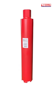 Red diamond core drill bit with a side label, top connector, segmented metal cutting teeth, and logo in the top corner.
