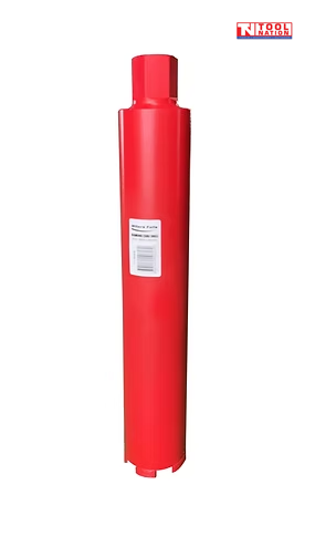 Red diamond core drill bit with a side label, top connector, segmented metal cutting teeth, and logo in the top corner.