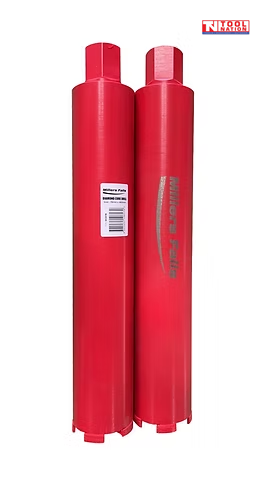 Red diamond core drill bit with a side label, top connector, segmented metal cutting teeth, and logo in the top corner.