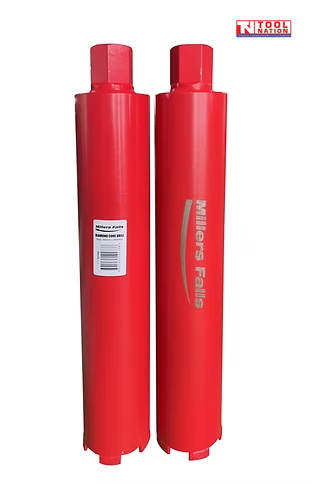 Red diamond core drill bit with a side label, top connector, segmented metal cutting teeth, and logo in the top corner.
