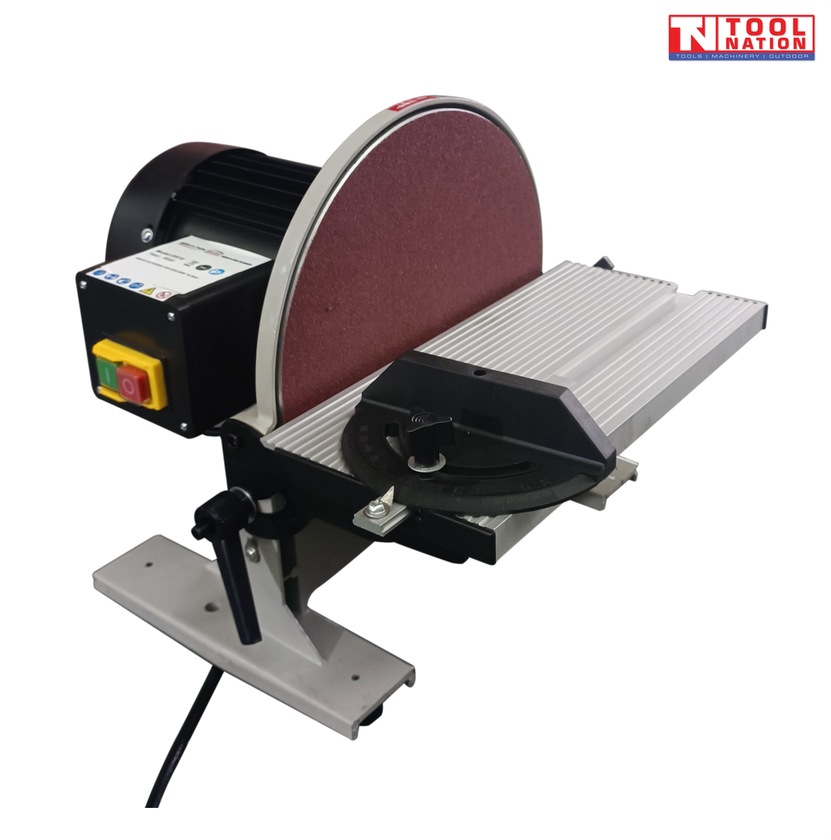 Bench disc sander with red sanding disc, silver work table, black motor housing, front power switch, angle guide, and logo in the top corner.