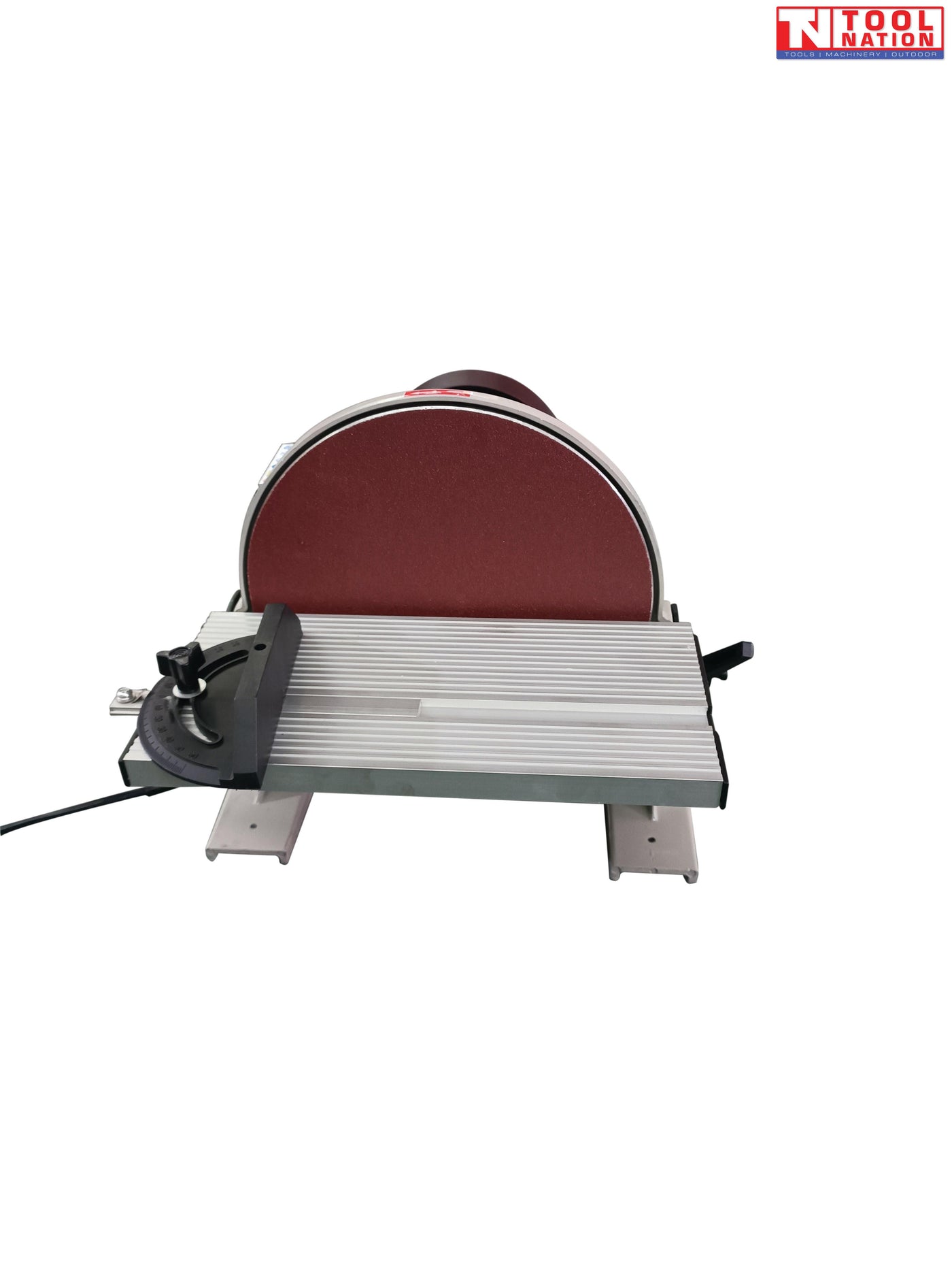 Front view of a bench disc sander with red sanding disc, silver work table, angle guide, power cord, and logo in the top corner.