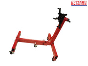 Foldable engine stand angled view with red frame, black mounting head, and casters